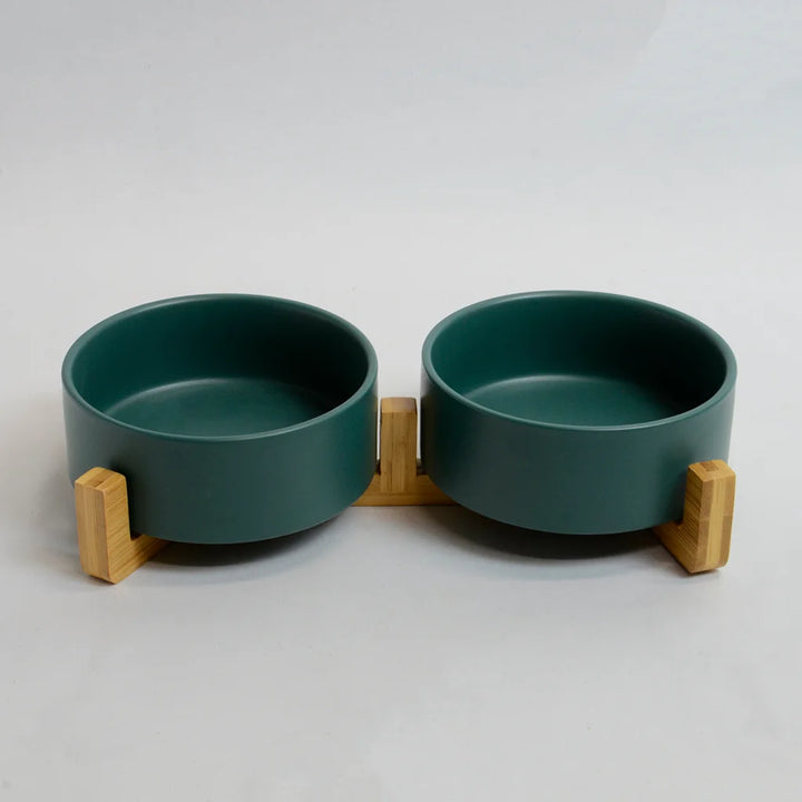 Green double rabbit drinking bowls bamboo stand