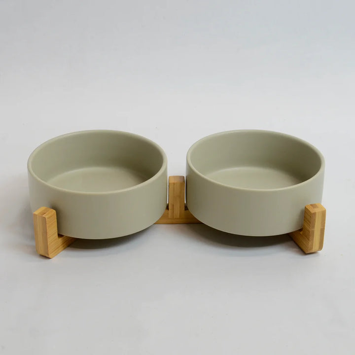 Grey double rabbit drinking bowls bamboo stand