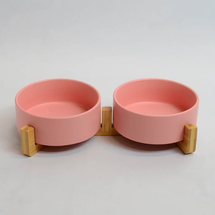 Pink double rabbit drinking bowls bamboo stand