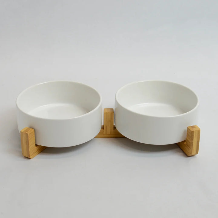 White double rabbit drinking bowls bamboo stand