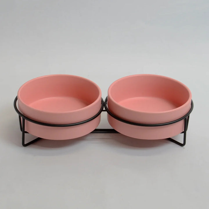 Pink double rabbit drinking bowls steel stand