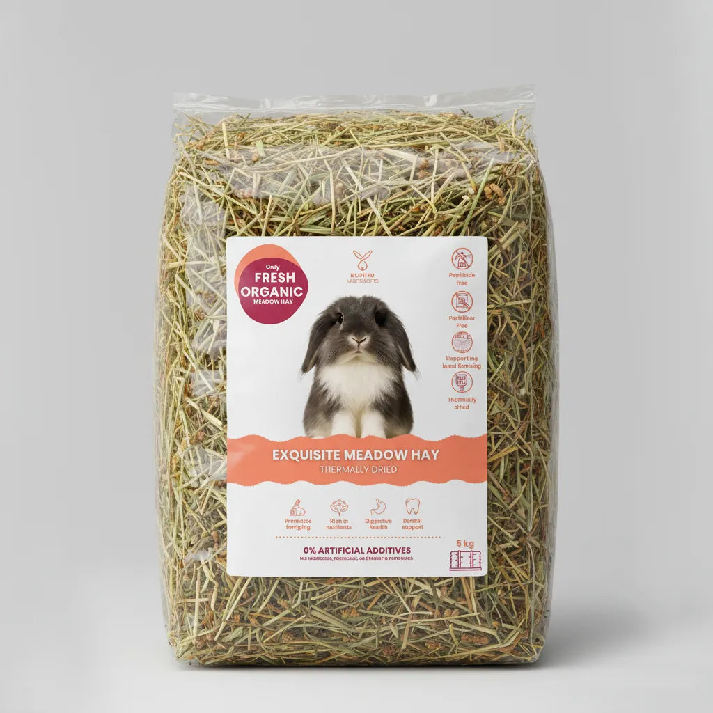 Bag of Exquisite Meadow Hay with a rabbit on the label against a gray background