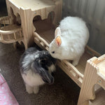 Two rabbits interacting with wooden castle in a room.
