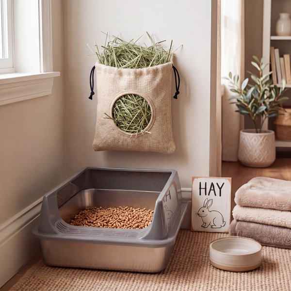 A pet grooming and littering setup in a cozy room corner, featuring a gray and stainless steel litter box filled with litter, a beige burlap hanging hay bag, a small bowl, a folded towel, and a sign that reads 'HAY' with a bunny illustration.