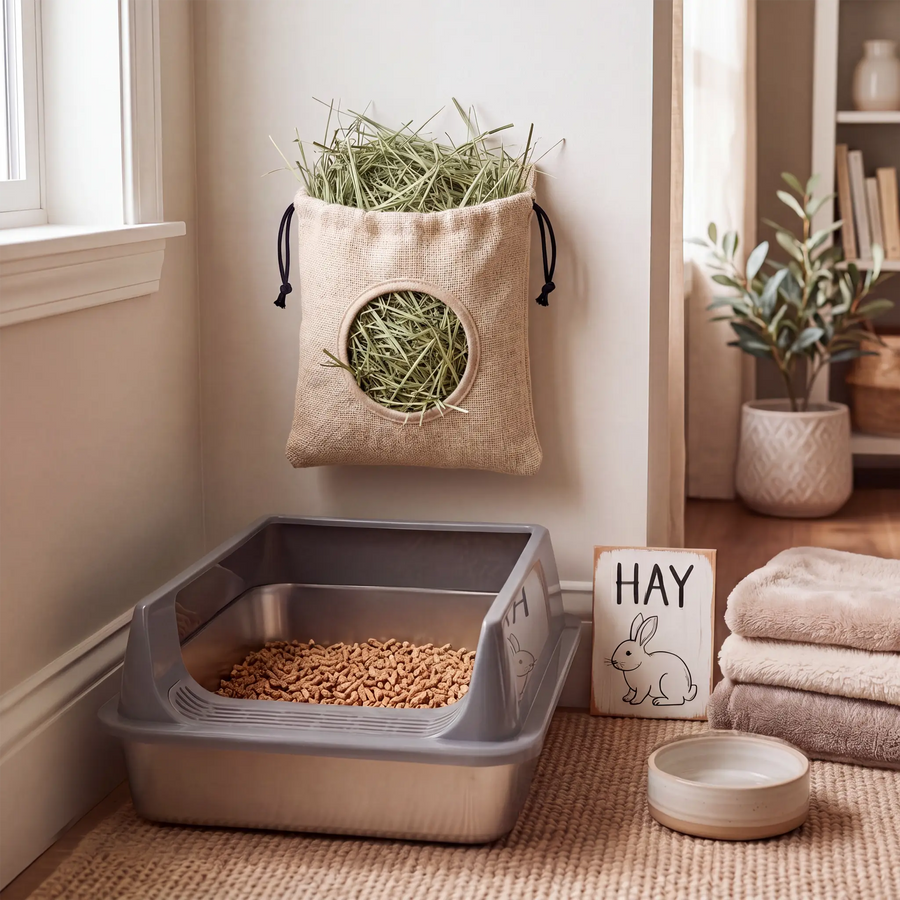 A pet grooming and littering setup in a cozy room corner, featuring a gray and stainless steel litter box filled with litter, a beige burlap hanging hay bag, a small bowl, a folded towel, and a sign that reads 'HAY' with a bunny illustration.