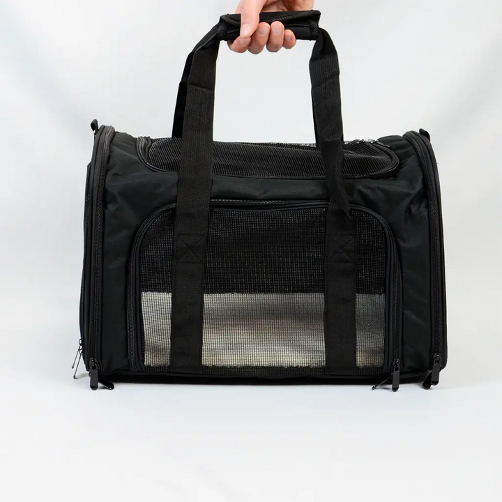 Black travel carrier for rabbits side view