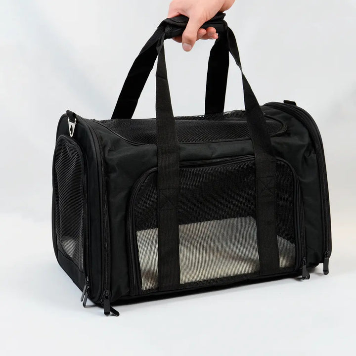 Black travel carrier for rabbits angled view