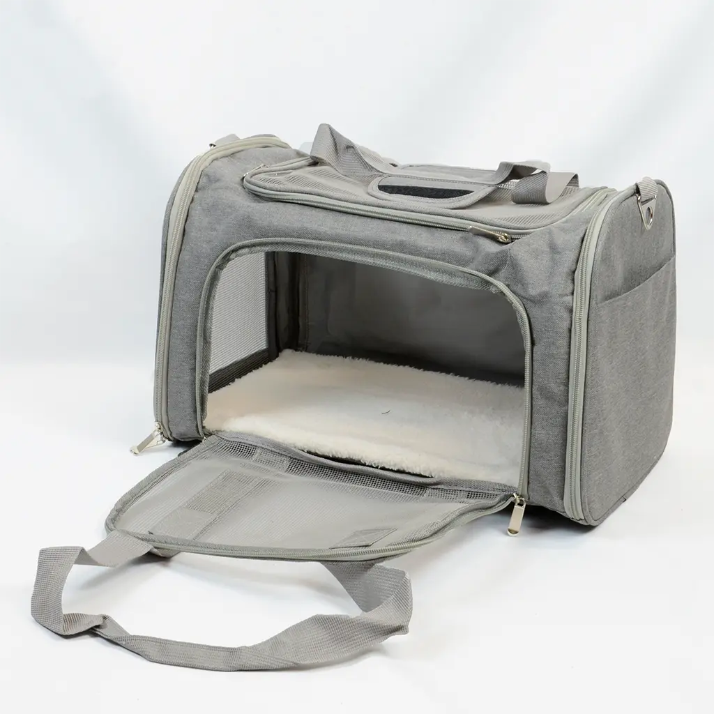 Grey travel carrier for rabbits zipped open side