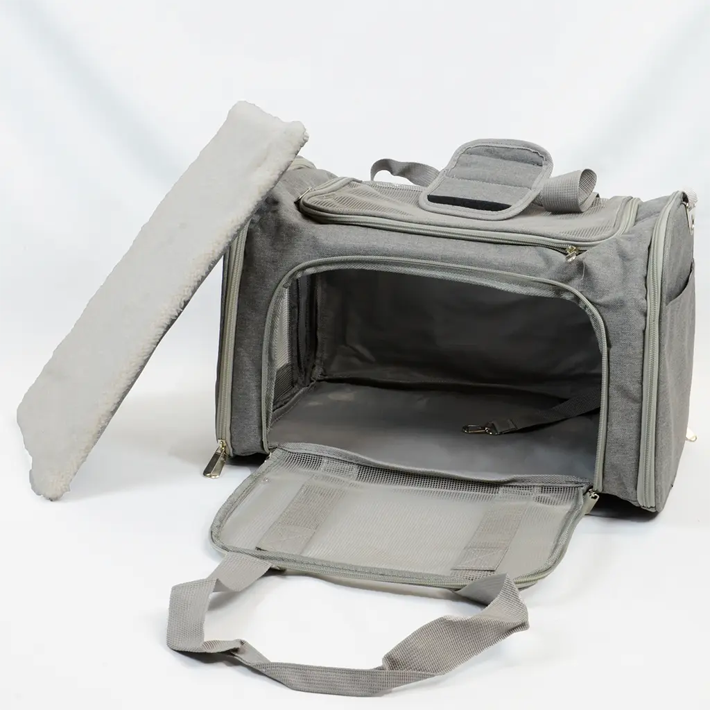 Grey travel carrier for rabbits with washable bottom