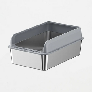 Gray plastic bin with a metallic base on a white background